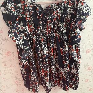 Floral Ruffle Short-Sleeve Women's Top - Black with Red & White Floral